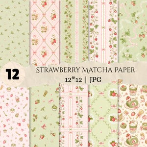 Può includere: Una collezione di 12 motivi di carta digitale con temi di fragole e matcha in tonalità verde chiaro e rosa tenue. I disegni includono fragole, ciotole per matcha, fruste e fiocchi. Il testo recita 12 STRAWBERRY MATCHA PAPER 12*12 JPG.