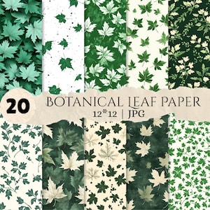 Könnte beinhalten: Eine digitale Sammlung von 20 botanischen Blatt-Papier-Mustern in verschiedenen Grün- und Weißtönen. Die Designs zeigen Ahornblätter, Laub und Zweige auf einfarbigen, gesprenkelten und strukturierten Hintergründen. Text: 20 BOTANICAL LEAF PAPER 12*12 | JPG.
