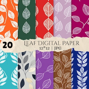 Può includere: Una collezione di 20 motivi di carta digitale con contorni di foglie bianche su vari sfondi a tinta unita tra cui arancione, verde, rosso, lavanda, magenta, ottanio, grigio, viola, marrone e blu, etichettati 20 LEAF DIGITAL PAPER 12*12 | JPG.