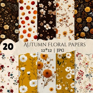 Peut inclure: Une collection numérique de 20 papiers floraux d'automne présentant divers motifs de fleurs, de feuillages et de pois dans des tons orange, jaune, blanc et marron. Le texte 20 AUTUMN FLORAL PAPERS 12*12 | JPG est affiché au centre de l'image.