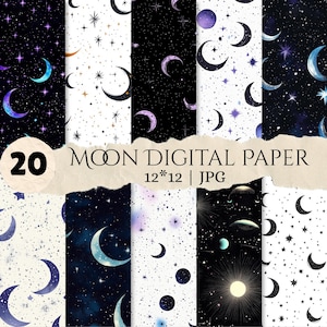 Könnte beinhalten: Eine Sammlung von 20 digitalen Papieren mit himmlischen Motiven wie Monden, Sternen und Galaxien in Schwarz, Weiß, Blau und Violett. Der Text 20 MOON DIGITAL PAPER 12*12 | JPG ist in der Mitte des Bildes zu sehen.