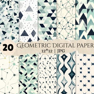 Pode incluir: Uma coleção de 20 papéis digitais geométricos com vários designs em tons de azul marinho, azul claro e creme. Os padrões incluem triângulos, pontos, linhas interconectadas e formas de diamante, rotulados 20 GEOMETRIC DIGITAL PAPER 12*12 | JPG.