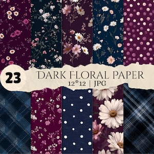 May include: A digital collection of 23 dark floral paper patterns in 12x12 inch JPG format, featuring various designs including white daisies, pink cosmos, polka dots, and navy blue plaid textures on deep purple and dark blue backgrounds.