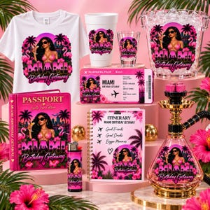 May include: A collection of Miami Birthday Getaway themed items including a white t-shirt, a plastic cup, a shot glass, an ice bucket, a passport holder, a boarding pass, a lighter, a spiral notebook, and a hookah, all featuring pink tropical graphics.
