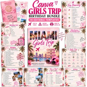 Op de afbeelding: Een digitale set van 10 bewerkbare verjaardagsreis-sjablonen met een roze en tropisch thema, palmbomen, strandafbeeldingen en tekst waaronder Miami Girls Trip, Birthday Getaway, Trip Itinerary en diverse gezelschapsspellen.