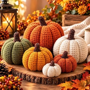 May include: A collection of six crocheted pumpkins in various sizes and colors, including orange, olive green, cream, and mustard yellow. Each pumpkin features a dark brown crocheted stem and a textured, ribbed surface made from yarn.
