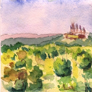 May include: A watercolor painting depicting a landscape with a foreground of loose, expressive green and yellow foliage. In the distance, a structure with multiple vertical elements sits atop a hill under a pale blue and lavender sky.
