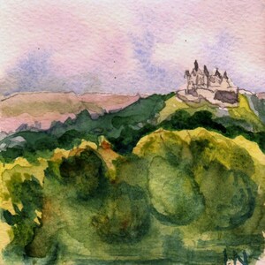 May include: A watercolor painting depicting a castle perched atop a green hill, surrounded by lush foliage in shades of dark and light green. The sky is a soft, pale pink and lavender wash. The initials IN are visible in the bottom right corner.