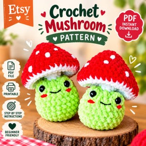 Puede incluir: Dos figuras de hongos tejidas a ganchillo con sombreros rojos brillantes con puntos blancos y cuerpos texturizados de color verde claro. Cada figura tiene ojos negros, una pequeña sonrisa cosida y mejillas rosadas. El texto dice Crochet Mushroom Pattern.