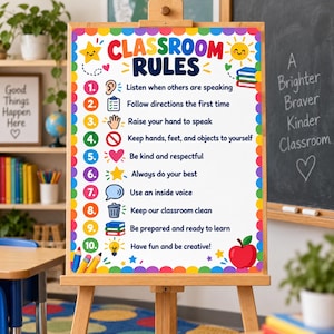 Puede incluir: Un póster de reglas de clase en un caballete con un borde de colores del arcoíris y diez puntos numerados. El texto dice: 1. Listen when others are speaking, 2. Follow directions the first time, 3. Raise your hand to speak, 4. Keep hands, feet, and objects to yourself, 5. Be kind and respectful, 6. Always do your best, 7. Use an inside voice, 8. Keep our classroom clean, 9. Be prepared and ready to learn, 10. Have fun and be creative.