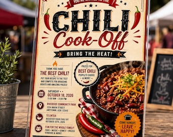 May include: A clear acrylic sign holder displaying a Chili Cook-Off event flyer. The flyer features red chili peppers, a black pot of chili with cheese, and text including You're Invited To The Chili Cook-Off, Bring The Heat, and event details.