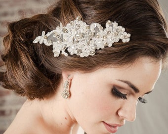 Peineta de encaje nupcial, tocado de boda, accesorios para el cabello de perlas, apliques florales, pieza de pelo, apliques de cuentas de cristal, tocado vintage, EDEN