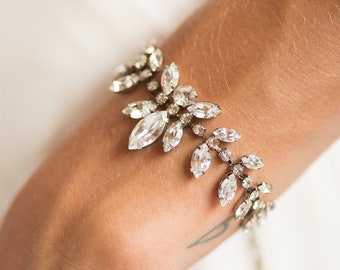 IRIDESSA BRACELET- SILVER, Bridal Dainty Crystal Leaf & Vine Delicate Cluster Chain Rhinestone Dangle Romantic Boho Bangle Wedding Jewelry