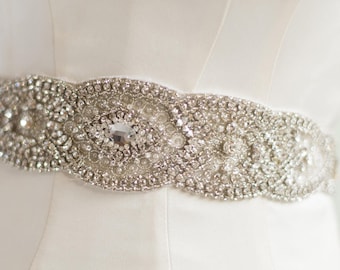MEGAN SILVER Wedding Belt Bridal Sash, Art Deco Crystal Beaded Wide Scallop Medallion Applique Jeweled Rhinestone Geo Vintage Trim Vintage