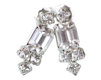 Bridal Earrings Silver Crystal Stud Earrings Art Deco Post Cubic Zirconia Emerald Cut Elegant Dainty Rhinestone Drop Wedding Earrings, EVAN