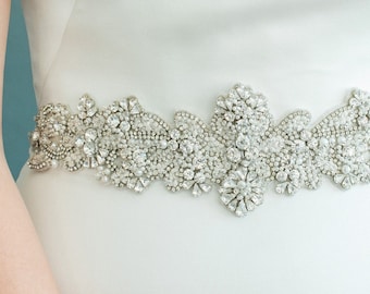Floral Wedding Belt Art Deco Bridal Sash Pearl Beaded Applique 3D Flower Dress Belt Vintage Rhinestone Jeweled Belt Ivory Crochet, MICHELLE
