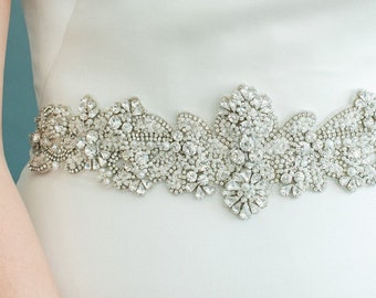 Floral Wedding Belt Art Deco Bridal Sash Pearl Beaded Applique 3D Flower Dress Belt Vintage Rhinestone Jeweled Belt Ivory Crochet, MICHELLE