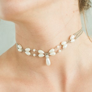 Pearl Choker Necklace Multi Strand Pearl Wedding Necklace Crystal Teardrop Pendant Necklace Dainty Double Strand Choker Vintage, BRIENNE