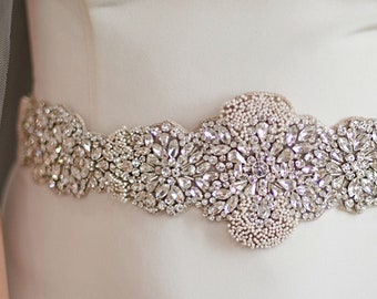 BRIELLA Bridal Belt- Silver, Wedding Sash Crystal Cluster 3D Seed Bead Floral Baby's Breath Delicate Jeweled Wide Long Applique Boho Trim