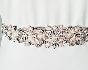 Blush Bridal Sash Floral Wedding Belt Champagne Flower Beaded Trim Vintage Crystal Applique Pink Embroidered Gunmetal Art Deco Belt, JOELLE