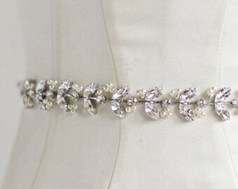 ANIA SASH- SILVER, Swarosvki Crystal & Pearl Vine Wire Wrapped Wedding Belt Dainty Boho Rhinestone Leaf Jeweled Delicate Marquise Stone