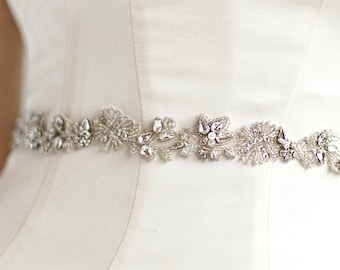 LANEN SILVER Bridal Belt Skinny Wedding Sash Crystal Beaded Floral Vine Leaf Dainty Applique Thin Rhinestone Delicate Long Boho Jeweled Trim