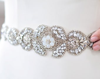 WOOSTER SILVER Wedding Belt Bridal Sash, Chunky Crystal Light Sapphire Art Deco Jeweled Applique Rhinestone Beaded Embellished Wide Trim