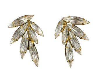BLAKE BRIDAL EARRINGS, Gold Marquis Crystal Leaf Cluster Jeweled Statement Stud, Boho Luxe Rhinestone Spike Edgy Ear Cuff Wedding Jewelry