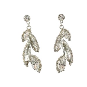 Può includere: Un paio di orecchini pendenti in argento con foglie di cristallo trasparente. Gli orecchini sono in metallo e hanno un design delicato e femminile.