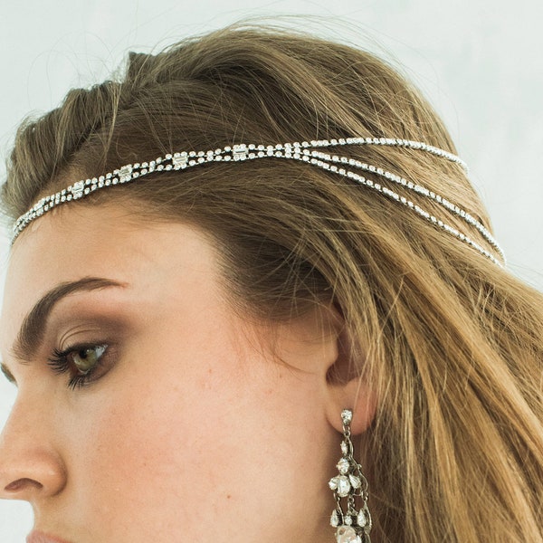 Art Deco Headband Bridal Crystal Headpiece Wedding Hair Accessory Rhinestone Silver Halo Bridal Hair Jewelry 1920s Crown for Bride, DUSTY
