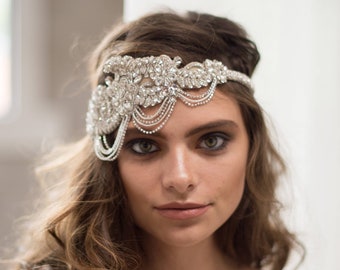 Crystal Headband Boho Wedding Headpiece Rhinestone Bridal Halo Crown Beaded Gatsby Hair Accessory Jeweled 1920s Fascinator for Bride, FAITH