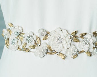 CORA SASH- GOLD, Floral Wedding Belt Bridal Sash Leaf Vine Cut Out Romantic Boho Ivory Flower Applique Golden Embroidery Crystal Trim