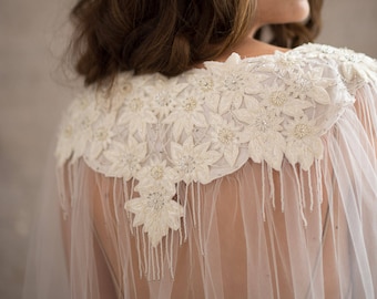 Wedding Cape Floral Embroidered Bridal Veil Cape Embellished Shoulder Capelet Bridal Sleeves with Cape Tulle Flower Shawl Bohemian, DAENERYS