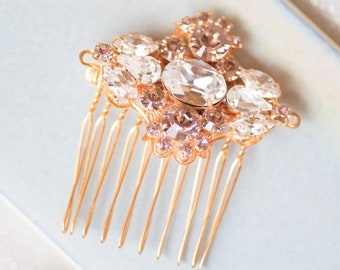 JOANNA COMB- Rose Gold, Bridal Rose Gold Hair Accessory Swarovski Crystal Vintage Rose Blush Cluster Rhinestone Art Deco Headpiece