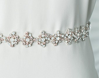 MIRANDA SILVER Wedding Belt Bridal Sash, Thin Multi Crystal White Opal Blush Silver Dainty Beaded Applique Rhinestone Skinny Art Deco Trim