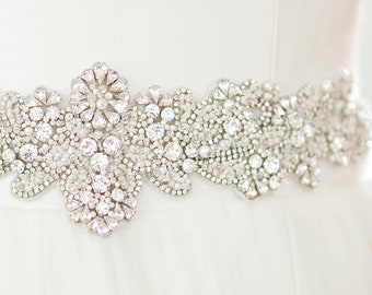 MICHELLE SILVER Wedding Belt Bridal Sash Ivory Crochet Crystal Pearl Cluster Beaded Floral Vine Applique Rhinestone Boho Jeweled Silver Trim