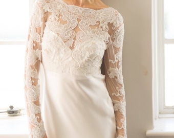 Long Sleeve Lace Top Bridal Cover Up Beaded Wedding Dress Crop Top Ivory Embellished Bolero Floral Lace Embroidered Shrug Vintage, CAMERON