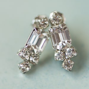 Crystal Stud Earrings Art Deco Emerald Cut Silver Bridal Earrings Rhinestone Drop Earrings Cubic Zirconia Small Post Wedding Earrings, EVAN