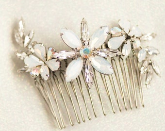 SCARLETT HAIR COMB- Plata, Nupcial Blanco Ópalo Cristal Ab Floral Vine Tocado Dainty Boho S-Shape Rhinestone Delicada Boda Joya