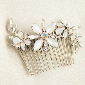 SCARLETT HAIR COMB- Silver, Bridal White Opal Crystal Ab Floral Vine Headpiece Dainty Boho S-Shape Rhinestone Delicate Jeweled Wedding