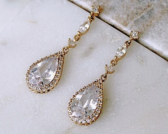 Bridesmaid Earrings Gold Dangle Crystal Earrings Long Tear Drop Chandelier Bridal Earrings Art Deco Cubic Zirconia Wedding Jewelry, BIJOU