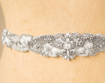 CARA Wedding Belt- Silver, Bridal Sash Crystal Cluster Jeweled Organza Floral Beaded Applique Ornate Embellished Vintgae Boho Delicate Trim