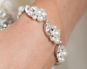 ODETTE BRACELET- SILVER, Bridal Swarovski Crystal Pearl Cluster Vintage Art Deco Mix Rhinestone Chain Dangle Cuff Mother of the Bride Bangle