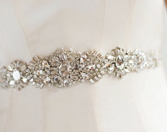 RYAN SILVER Bridal Sash Wedding Belt Statement Vintage Luxe Rhinestone Heavy Crystal Beaded Ornate Art Deco Trim, Accessories