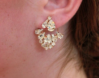 Crystal Ear Jacket Earrings Gold Ear Climber Rhinestone Cluster Earrings Art Deco Cubic Zirconia Jeweled Hoop Vintage Bridal Earrings, CERSI