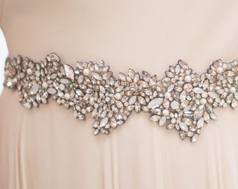 BLOSSOM Bridal Belt- Gunmetal, Beaded Wedding Sash White Opal Blush Crystal Pearl Cluster Floral Vine Applique Jeweled Long Wide Multi Trim