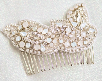 FREDERIQUE Hair Comb- Silver, Bridal White Opal Crystal Beaded Applique Small Pin Moonstone Rhinestone Trim Boho Wedding Headpiece Art Deco