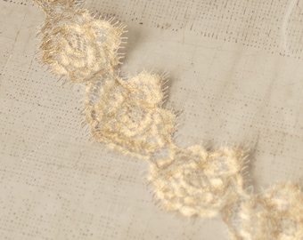 Gold Chantilly Lace Trim by the Yard, Champagne Eyelash Scalloped Lace, Bridal Veil Edging, Metallic Lace Trim, Fabric Swatch, ISABELLA LACE