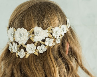 Bridal Headband Gold Wedding Hair Accessories Flower Crown Crystal Hair Piece Bridal Hair Vine Boho Floral Halo Bohemian Wedding Tiara, CORA