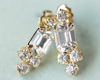 Gold Bridal Earrings Crystal Studs Emerald Cut CZ Earrings Art Deco Rhinestone Wedding Earrings Cubic Zirconia Small Post Earrings, EVAN